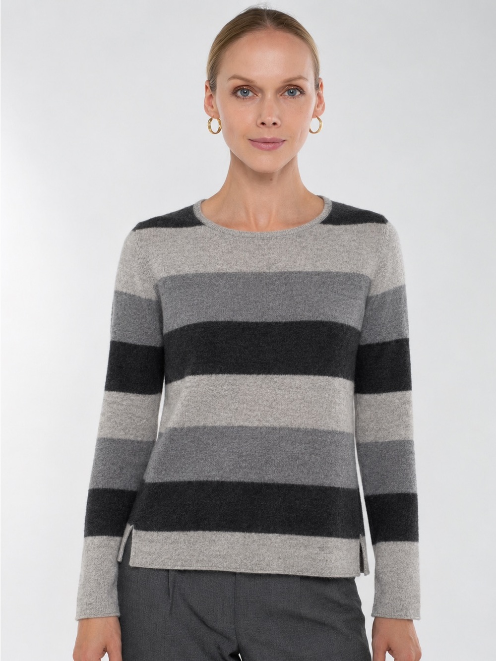 InCashmere 100% Cashmere Striped Sweater Gray Stripe